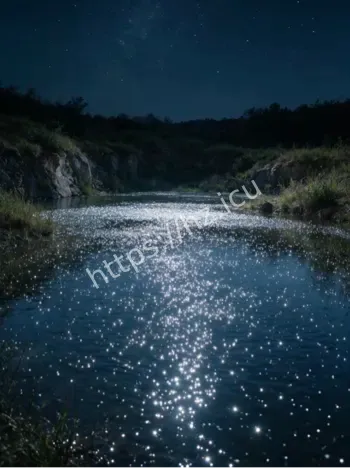 荒潭深夜水面漂浮银白色流动光点